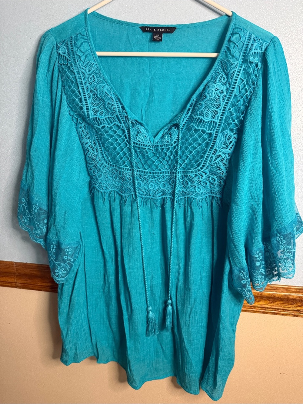 Zac & Rachel Turquoise Crochet Lace Boho Peasant Blouse L